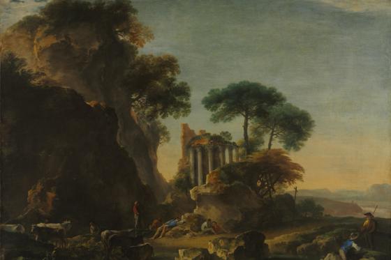 Travellers resting beside a round ruined temple in a dark rocky landscape at golden hour.