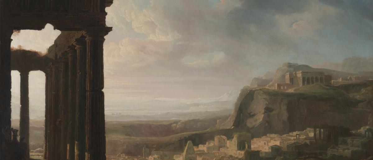 A ruined classical temple in silhouette above a vast ancient city at dusk, with two small figures on the road below.